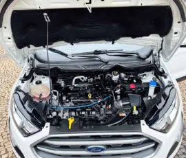 Front view of a white Ford with the hood raised, showing the engine bay and various hoses and components.